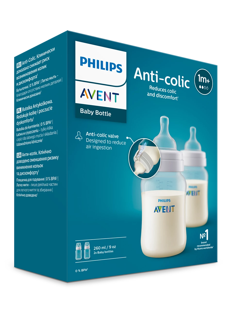 Avent Anti-Colic Baby Bottle 260ml (1M+) – Infant Feeding Bottle, 2 Pack