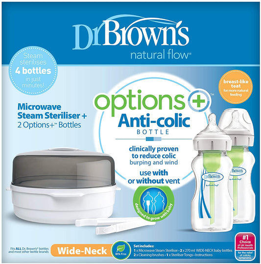Dr.Brown's Wide-Neck Options+ Gift set    (Microwave Sterilizer & 2x270 ml PP Wide-Neck Options+ Bottles (plus 2 cleaning brushes)