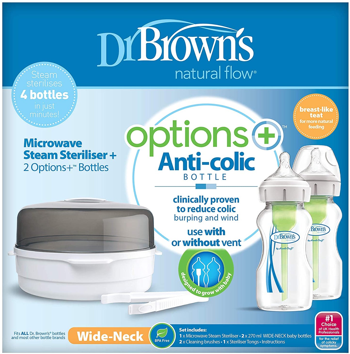 Dr.Brown's Wide-Neck Options+ Gift set (Microwave Sterilizer & 2x270 ml PP Wide-Neck Options+ Bottles (plus 2 cleaning brushes)