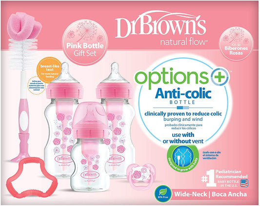 Dr.Brown's Wide-Neck Options+ PINK Gift Set     (2x270 ml & 1x150 ml bottles, 1 Pink Bottle Brush, 1 Pink Flexees Teether, 1 Pacifier, 2 Cleaning Brushes)