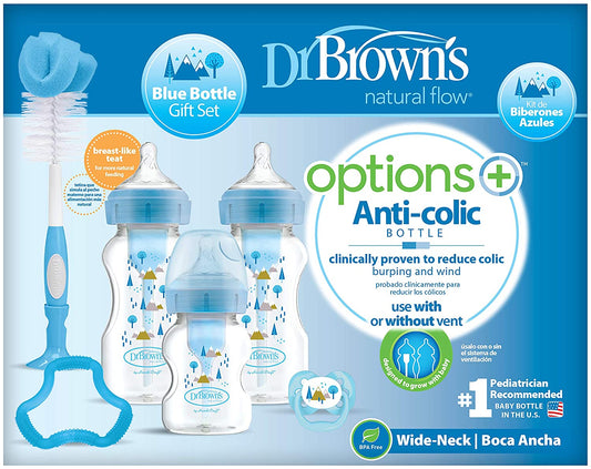 Dr.Brown's Wide-Neck Options+ BLUE Gift Set    (2x270 ml & 1x150 ml bottles, 1 Blue Bottle Brush, 1 Blue Flexees Teether, 1 Pacifier, 2 Cleaning Brushes)