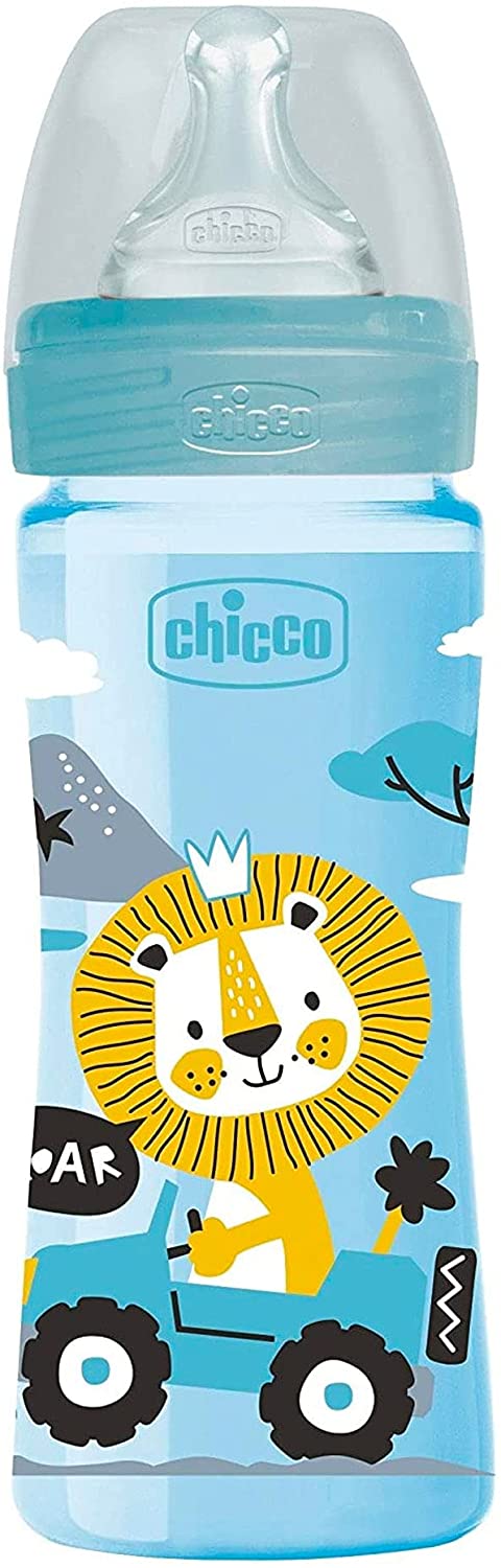 Chicco Well Being Silicone Bottle with Medium Flow Nipple, 250ml - Blue