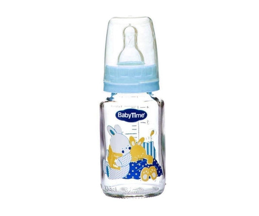 BabyTime Glass Feeding Bottle 125ml blue