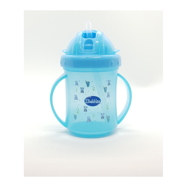 Bubbles Baby Set Baby Cup with Silicone Straw + Plate with Spoon and Cover + Fruit Teether Blue