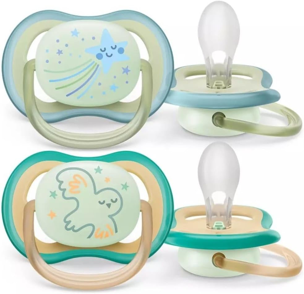 Philips AVENT Soother Ultra AIR NIGHTTIME 0-6M For Boys, 2 Pieces | Glows in the dark, Light, Breathable, BPA free, Orthodontic with Sterilization Case