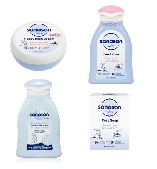 Sanosan Baby Set (Lotion 100ml - Shampoo 100ml - Nappy Rash Cream 150ml - Soap 100g)