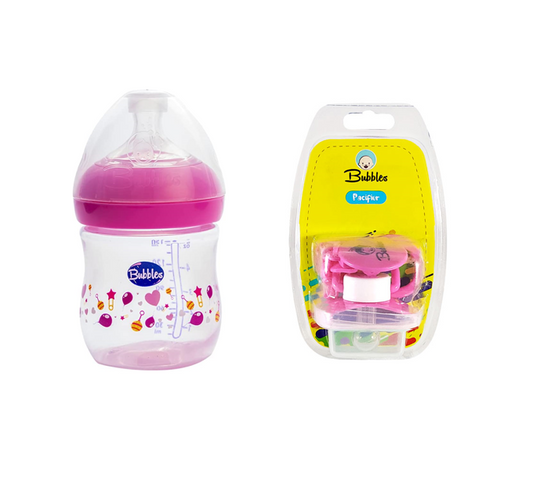 Bubbles Baby Set Natural Baby Bottle 1m 150ml Pink + Pacifier With Chain Pink