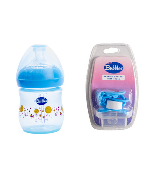 Bubbles Baby Set Natural Baby Bottle 1m 150ml Blue+ Pacifier With Chain Blue