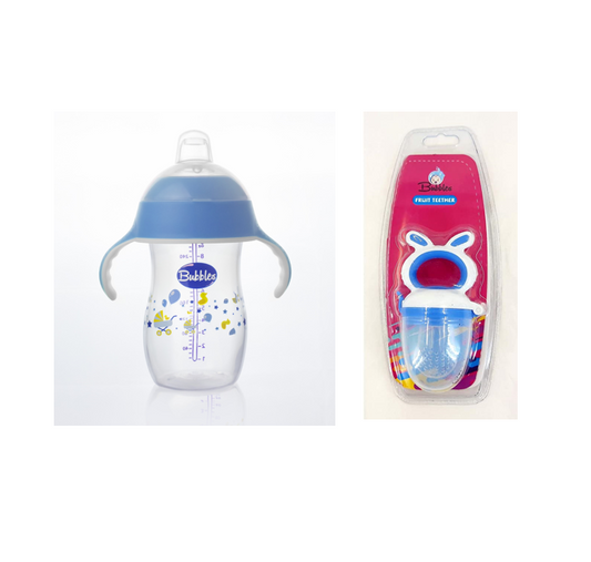 Bubbles Baby Set Natural Cup and Feeding Bottle 2 in 1 280ml Blue + Fruit Teether Blue