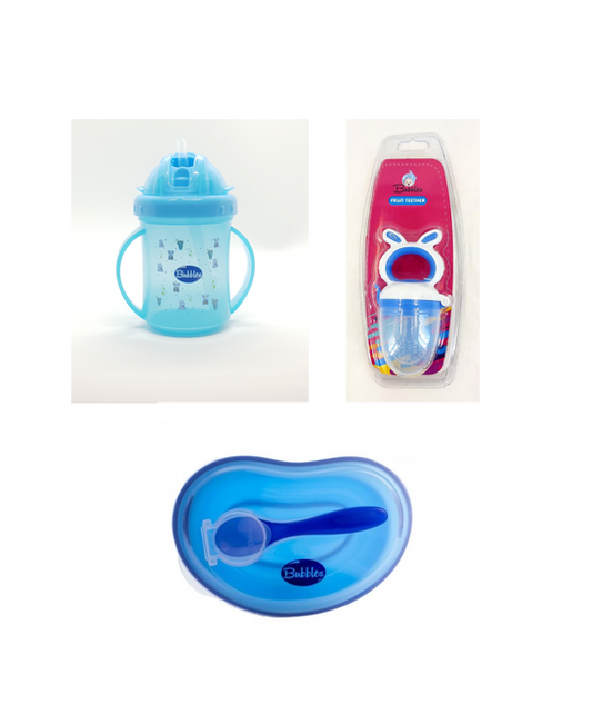 Bubbles Baby Set Baby Cup with Silicone Straw + Plate with Spoon and Cover + Fruit Teether Blue