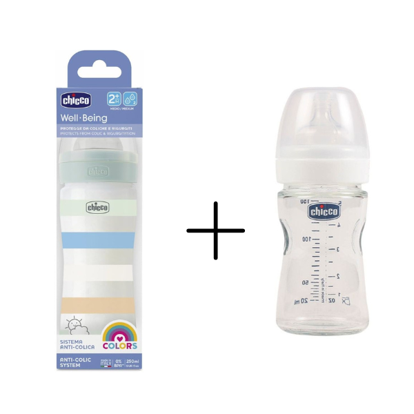 Chicco Well-Being Plastic Feeding Bottle for Boy, 250 ml Capacity, White/Green + Glass feeding bottle 150ml