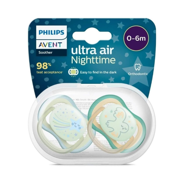 Philips AVENT Soother Ultra AIR NIGHTTIME 0-6M For Boys, 2 Pieces | Glows in the dark, Light, Breathable, BPA free, Orthodontic with Sterilization Case