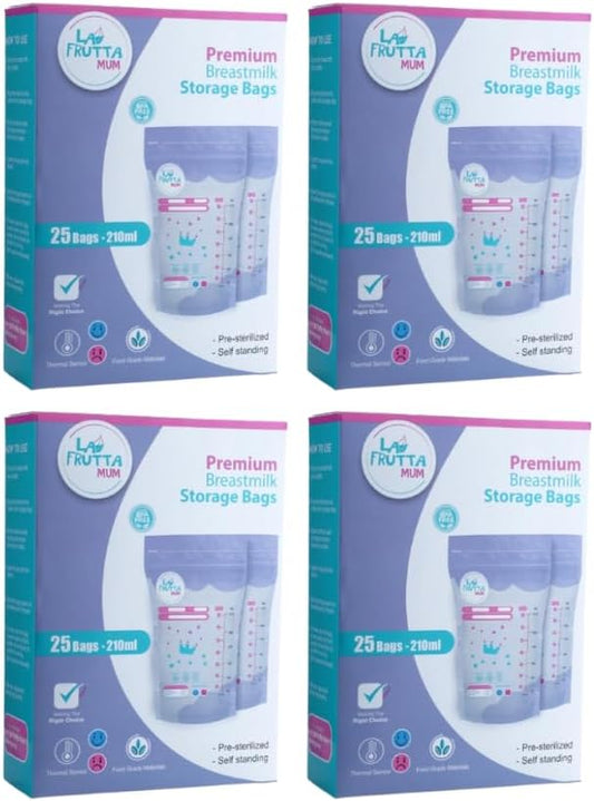 أكياس حفظ حليب الأم لا فروتا مام 210 مل – 25 قطعة × 4 عبوات (100 كيس) محكمة الإغلاق ومعقمة مسبقًا