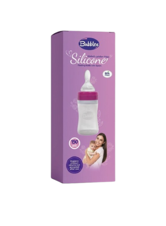 Bubbles Silicone Spoon Feeding Bottle 150ml – Baby Food Dispenser (Pink)