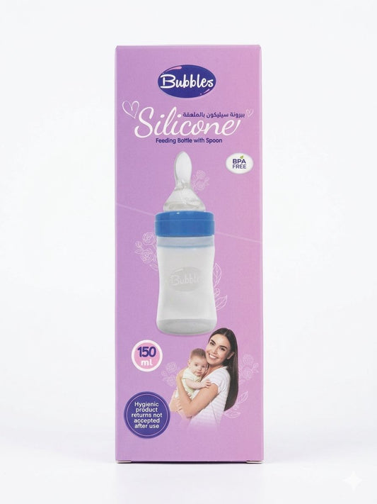 Bubbles Silicone Spoon Feeding Bottle 150ml – Baby Food Dispenser (Blue)