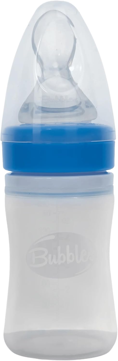 زجاجة رضاعة بيبي بابلز بملعقة سيليكون 150 مل – أزرق