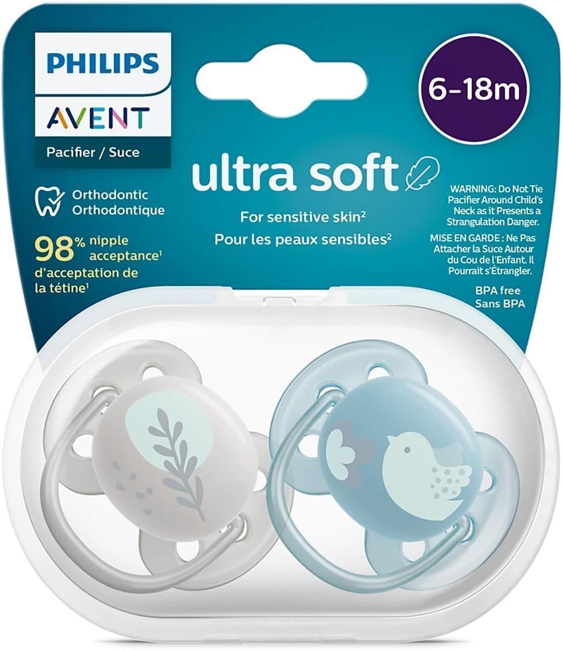 Philips Avent Ultra Soft Pacifier 6-18 Months, Set of 2, Grey and Blue
