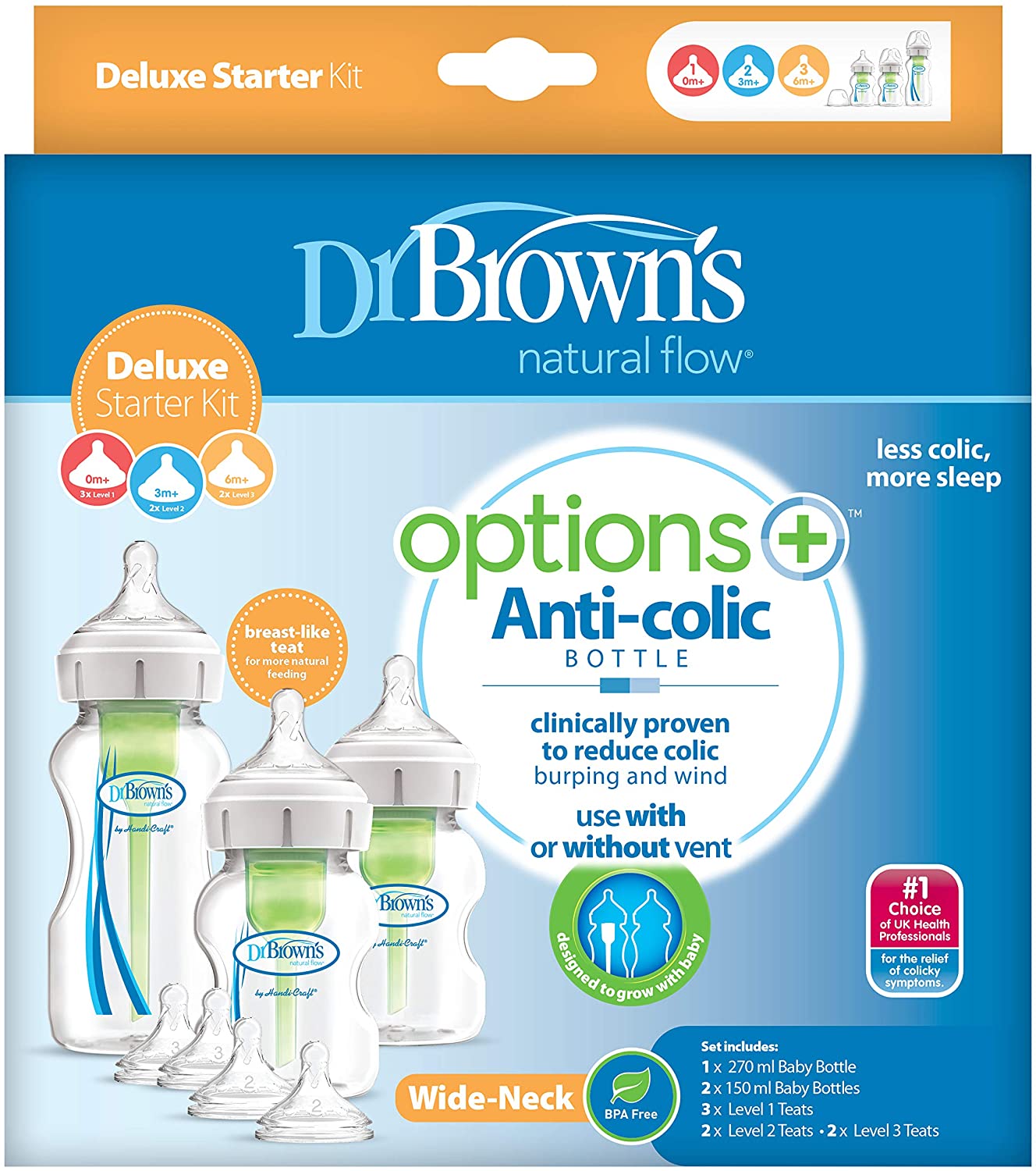 Dr.Brown's Wide-Neck Options+ Deluxe Starter Kit   (1x270 ml & 2x150 ml bottles, 2x L2 & L3 nipples, 2 cleaning brushes)