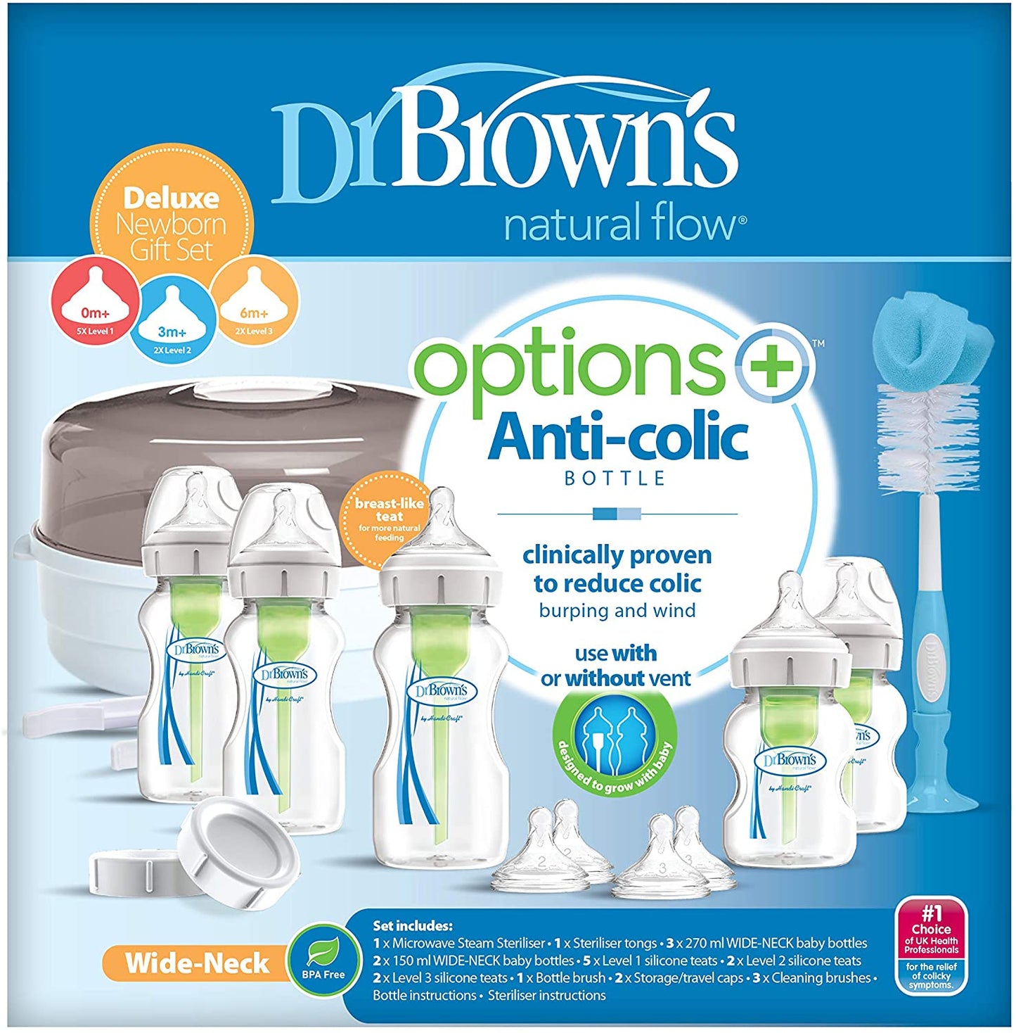 Dr.Brown's Deluxe Newborn Wide-Neck Options+ Gift Set   (Microwave Sterilizer/Tong, 3x270 ml & 2x150 ml bottles, 2x L2 & L3 nipples, 700 brush, 2 storage caps & 3 cleaning brushes)