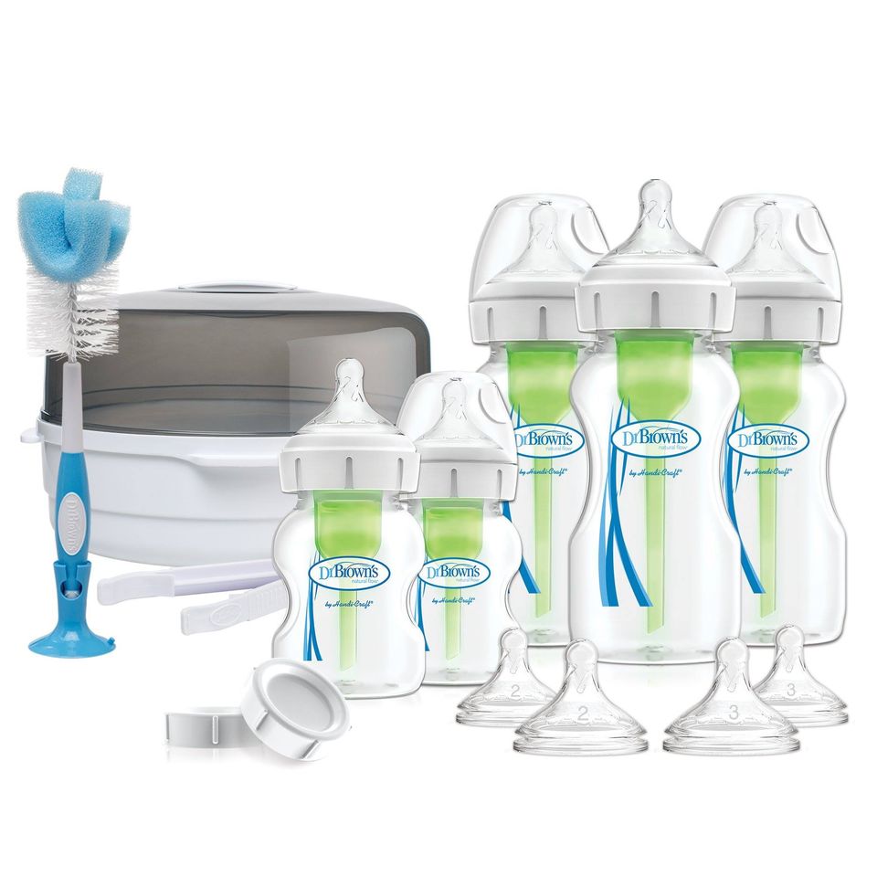 Dr.Brown's Deluxe Newborn Wide-Neck Options+ Gift Set   (Microwave Sterilizer/Tong, 3x270 ml & 2x150 ml bottles, 2x L2 & L3 nipples, 700 brush, 2 storage caps & 3 cleaning brushes)