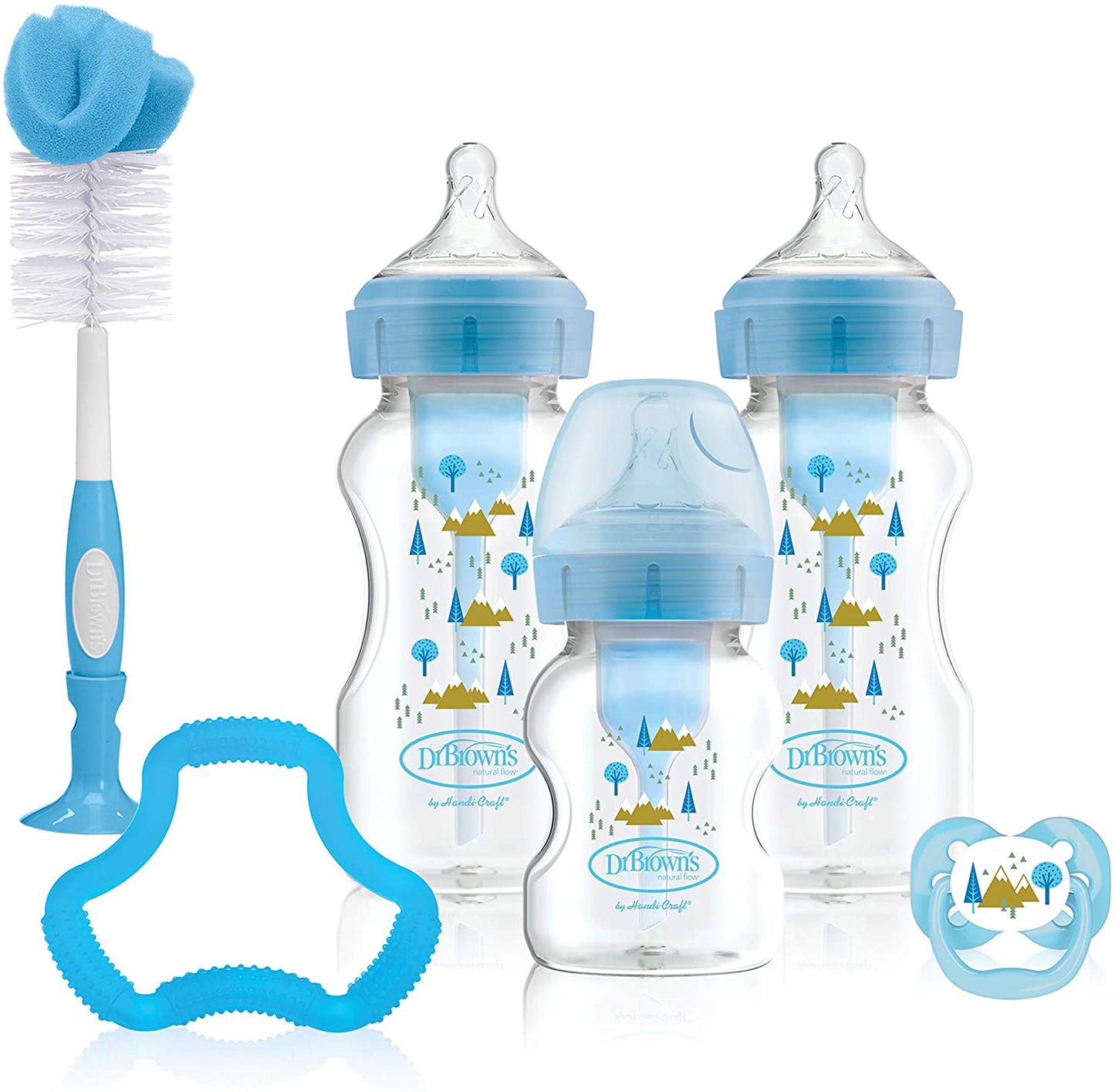 Dr.Brown's Wide-Neck Options+ BLUE Gift Set    (2x270 ml & 1x150 ml bottles, 1 Blue Bottle Brush, 1 Blue Flexees Teether, 1 Pacifier, 2 Cleaning Brushes)