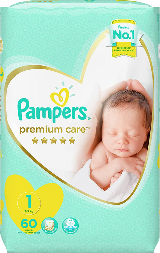 Pampers Premium Care Diapers, Size 1, New Born, 2-5 Kg , 60 Diapers