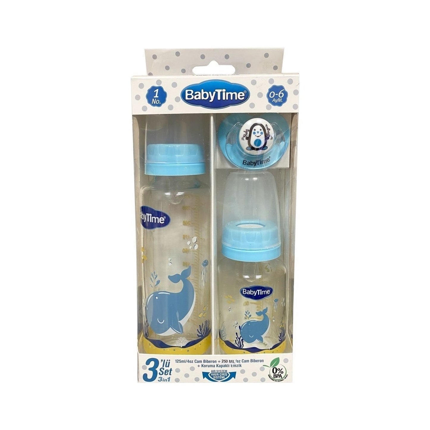 Baby Time Set Feeding bottle 125 ml glass+250 Ml Glass+Pacifier Blue