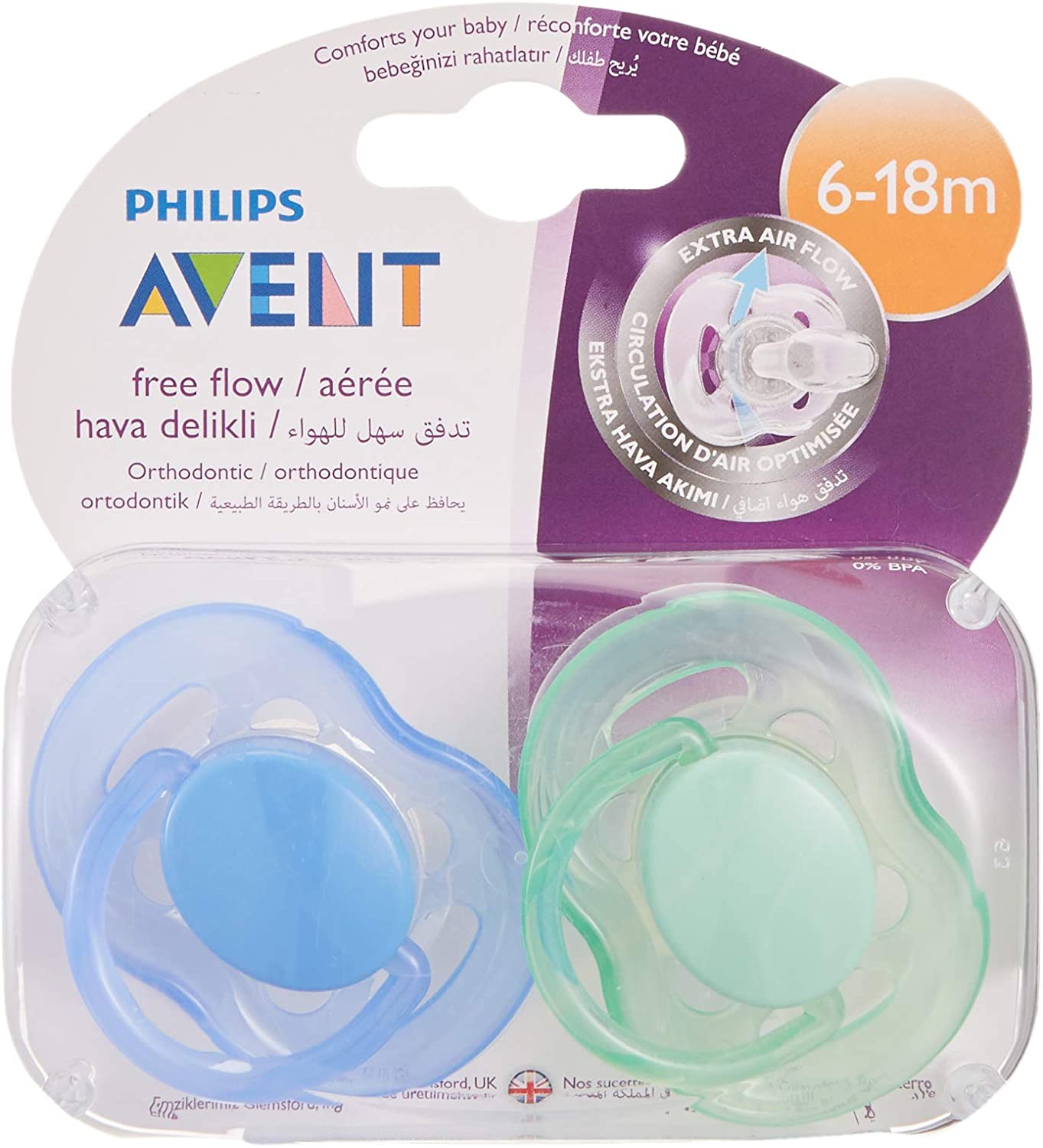 Avent 2 Free Flow Pacifier 6-18m, Blue and Green