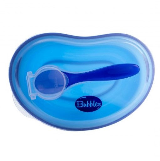 Bubbles Baby Set Baby Cup with Silicone Straw + Plate with Spoon and Cover + Fruit Teether Blue