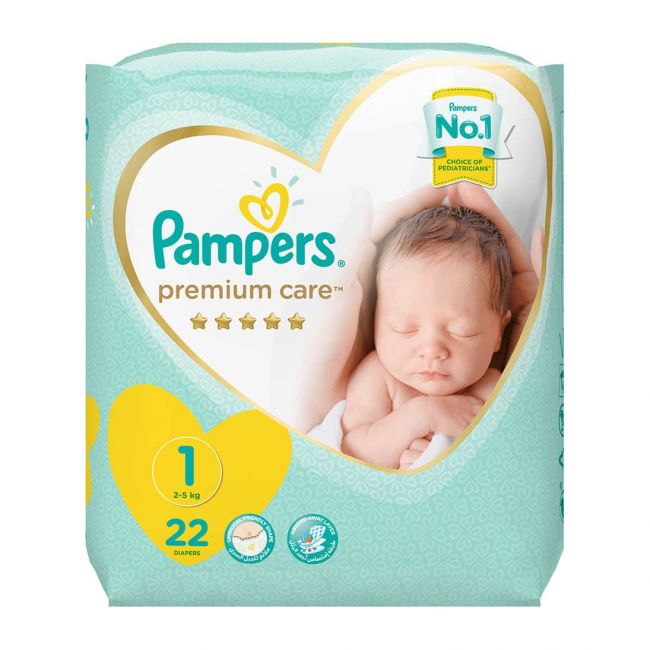 Pampers Premium Care Diapers, Size 1, New Born, 2-5 Kg - 22 Diapers