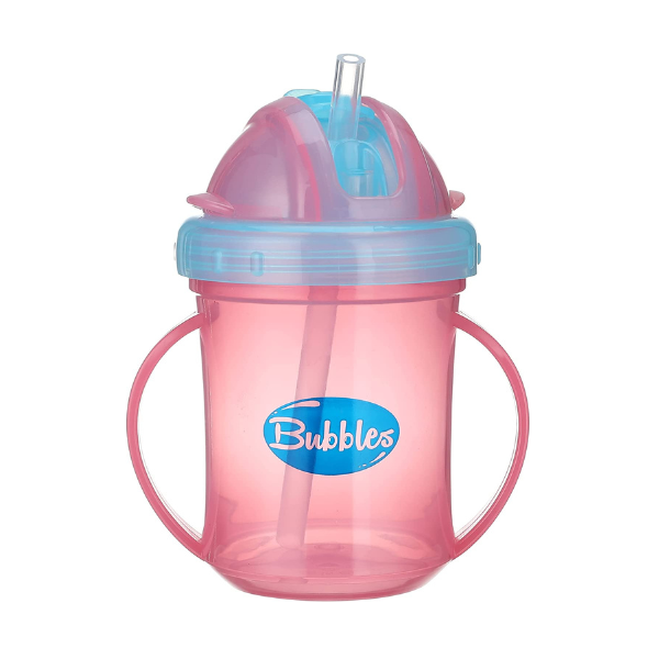 Bubbles Baby Set Baby Cup with Silicone Straw + Plate with Spoon and Cover + Fruit Teether Pink
