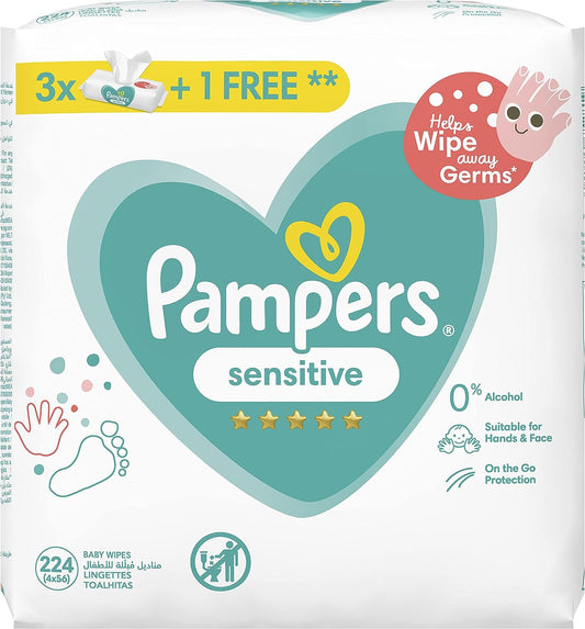 Pampers Sensitive Protect Wipes, 224 wipes 3 plus 1 free