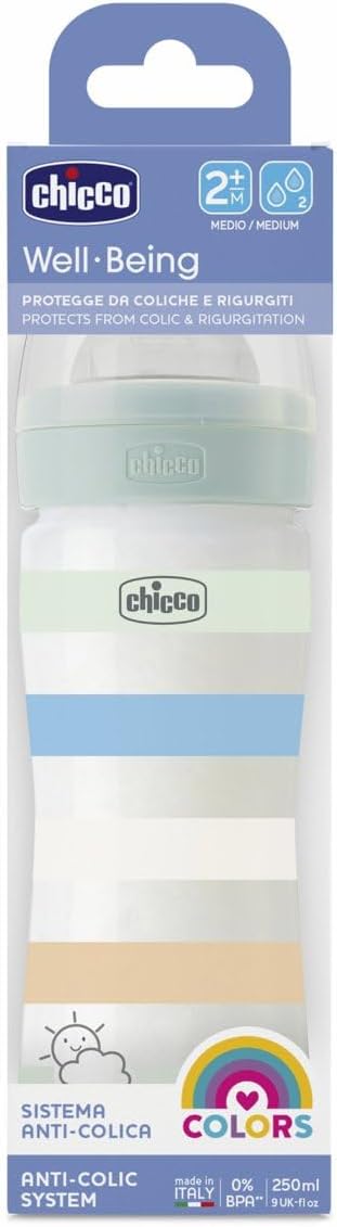 Chicco Well-Being Plastic Feeding Bottle for Boy, 250 ml Capacity, White/Green + Glass feeding bottle 150ml