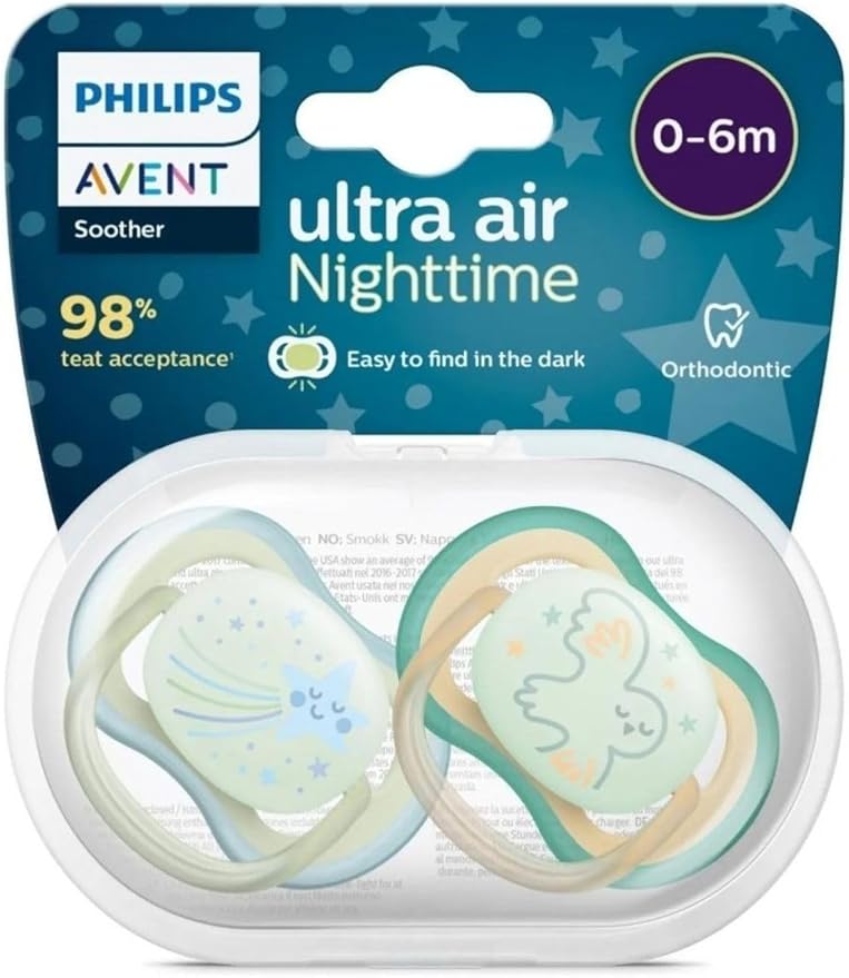 Philips AVENT Soother Ultra AIR NIGHTTIME 0-6M For Boys, 2 Pieces | Glows in the dark, Light, Breathable, BPA free, Orthodontic with Sterilization Case