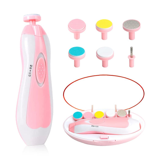 Baby Electric Nail Trimmer - Safe & Gentle Nail Polisher for Newborns & Toddlers, 6 Interchangeable Heads, 4 Modes, LED Light, Low Noise, Battery Operated Baby Manicure Set