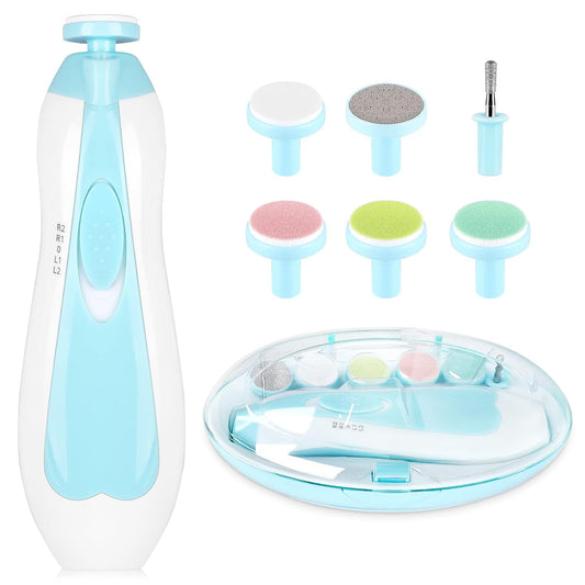 Baby Electric Nail Trimmer - Safe & Gentle Nail Polisher for Newborns & Toddlers, 6 Interchangeable Heads, 4 Modes, LED Light, Low Noise, Battery Operated Baby Manicure Set Blue