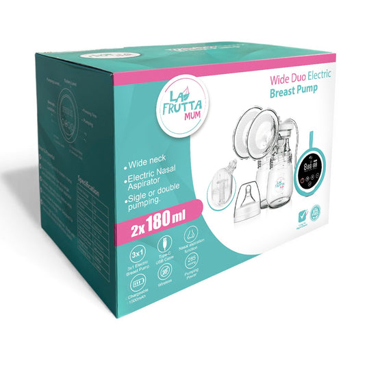 La Frutta Mum Wide Duo Electric Breast Pump – Single or Double Use, 2×180ml Capacity, with Electric Nasal Aspirator, 9 Levels & 3 Modes, 1000mAh Rechargeable Battery