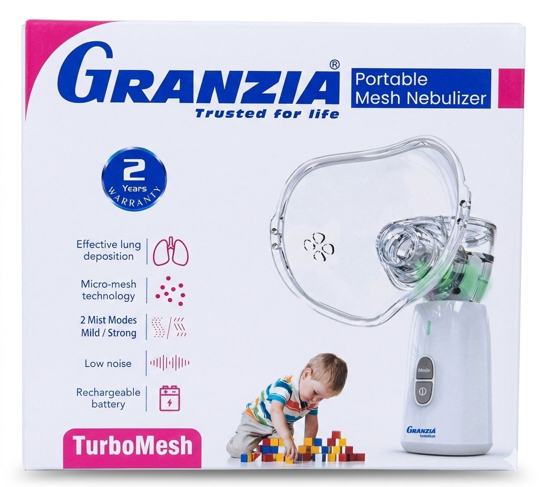 Granzia TurboMesh Portable Mesh Nebulizer – Rechargeable, 2 Mist Modes (Mild/Strong), Micro-Mesh Technology, Low Noise, Compact for Adults & Children