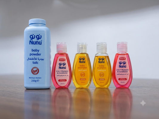 Nunu Baby Essentials Bundle – 5pcs (2 Shampoos 50ml + 2 shampoo & Conditioner 50ml + Powder 200ml)
