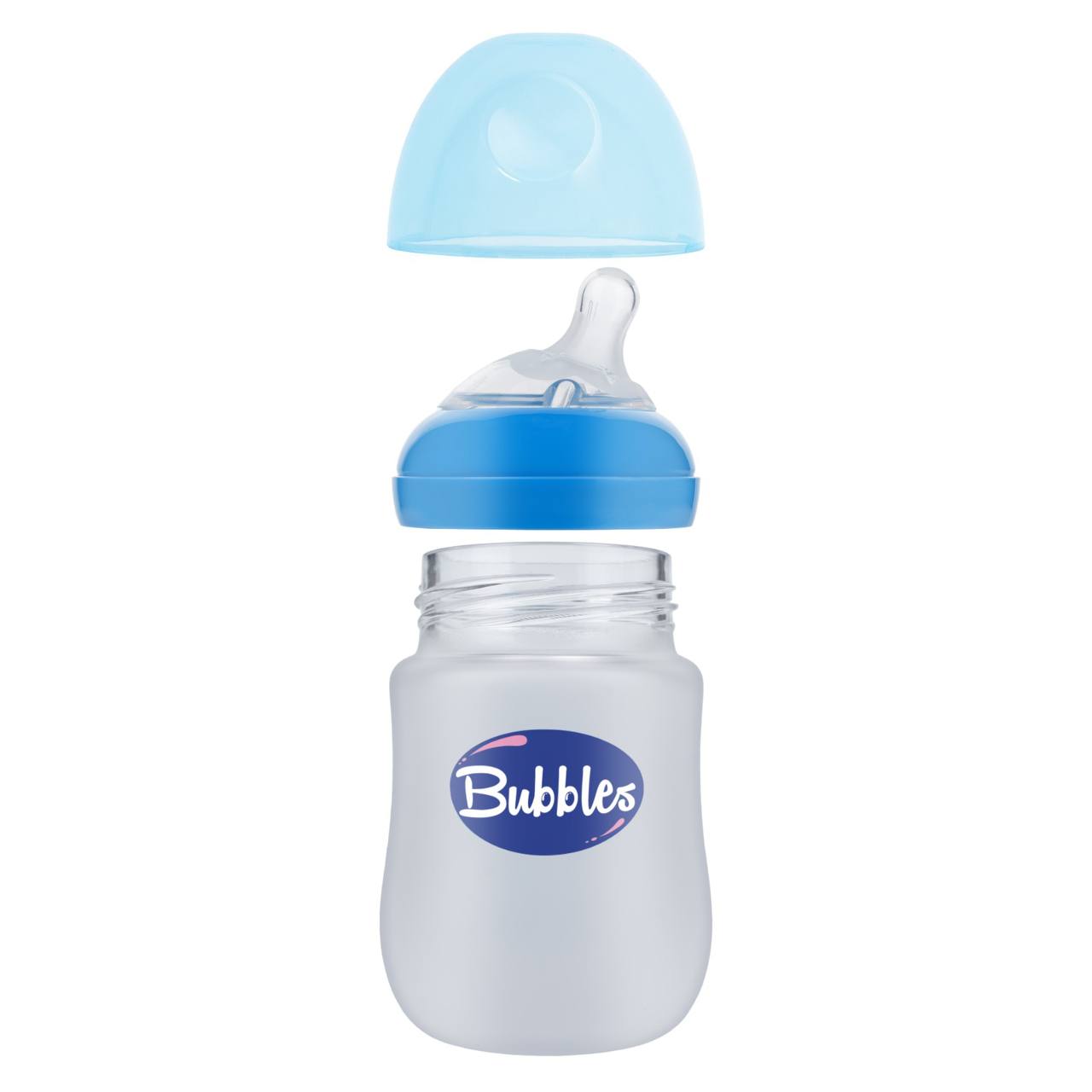 Bubbles Glass Baby Feeding Bottle 150ml with Tilted Silicone Nipple, Anti-Colic Design, BPA-Free, Easy Grip, Safe Glass Bottle for Newborns and Infants (Blue)