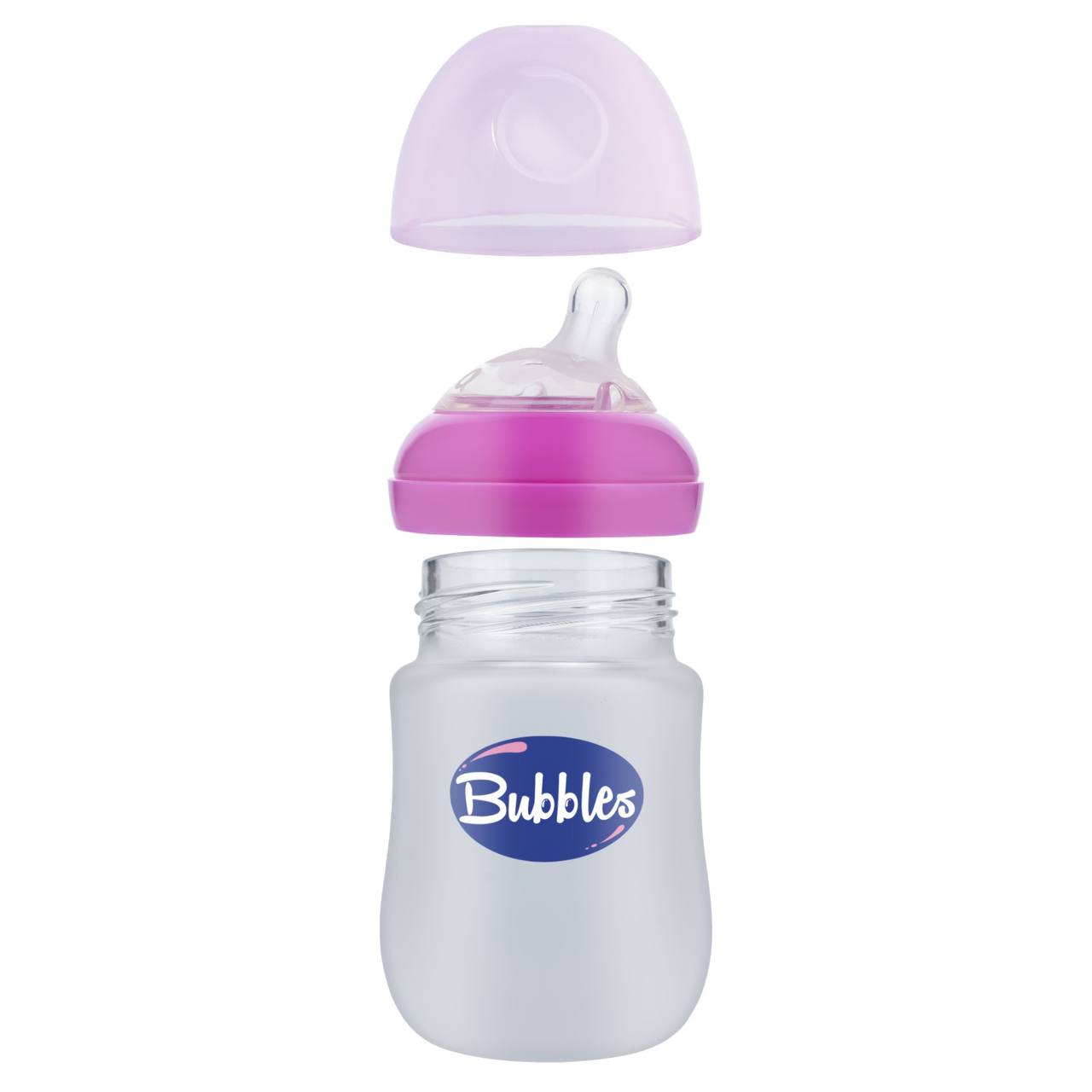 Bubbles Glass Baby Feeding Bottle 150ml with Tilted Silicone Nipple, Anti-Colic Design, BPA-Free, Easy Grip, Safe Glass Bottle for Newborns and Infants (Pink)