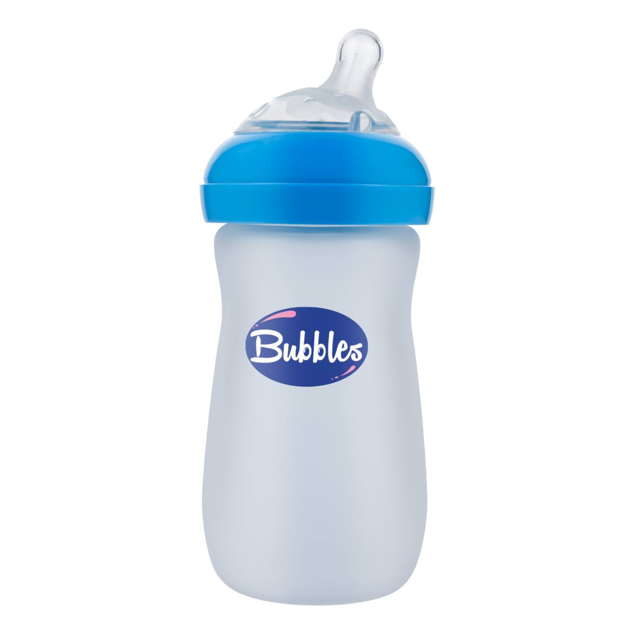 Bubbles Glass Baby Feeding Bottle 280ml with Tilted Silicone Nipple, Anti-Colic Design, BPA-Free, Easy Grip, Safe Glass Bottle for Newborns and Infants (Blue)