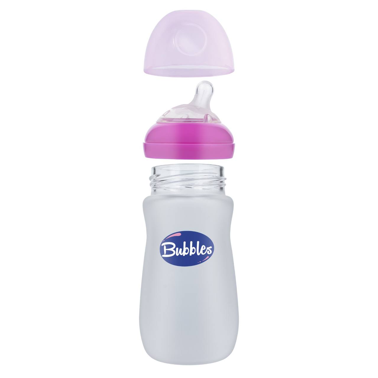 Bubbles Glass Baby Feeding Bottle 280ml with Tilted Silicone Nipple, Anti-Colic Design, BPA-Free, Easy Grip, Safe Glass Bottle for Newborns and Infants (Pink)