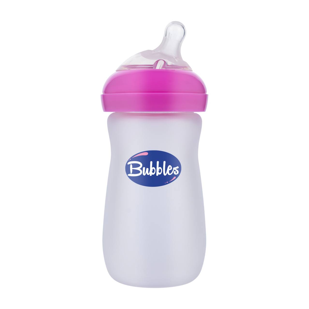 Bubbles Glass Baby Feeding Bottle 280ml with Tilted Silicone Nipple, Anti-Colic Design, BPA-Free, Easy Grip, Safe Glass Bottle for Newborns and Infants (Pink)