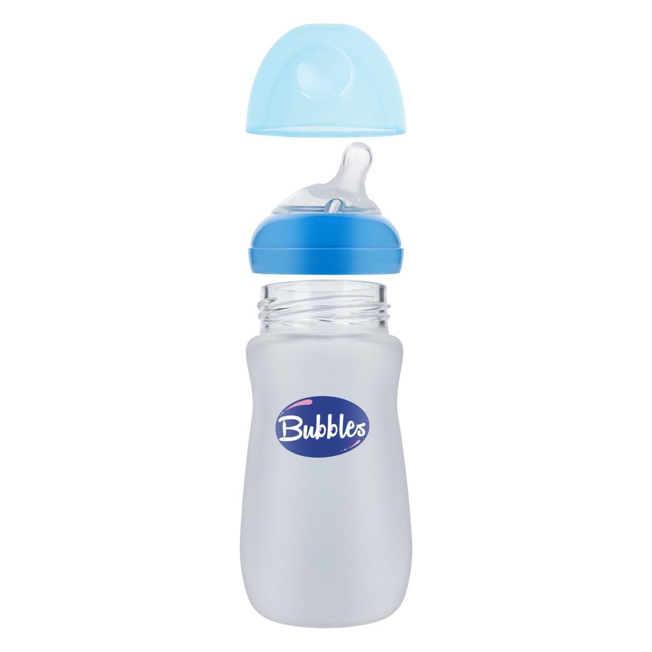 Bubbles Glass Baby Feeding Bottle 280ml with Tilted Silicone Nipple, Anti-Colic Design, BPA-Free, Easy Grip, Safe Glass Bottle for Newborns and Infants (Blue)