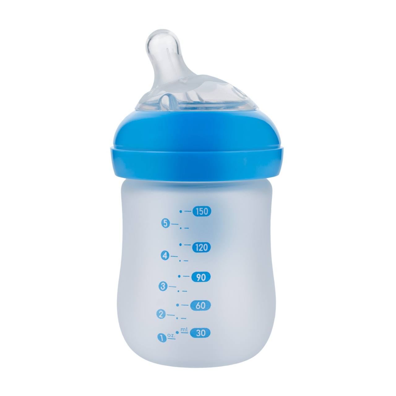 Bubbles Glass Baby Feeding Bottle 150ml with Tilted Silicone Nipple, Anti-Colic Design, BPA-Free, Easy Grip, Safe Glass Bottle for Newborns and Infants (Blue)