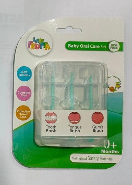 La Frutta Baby Oral Care Set, 3-Piece Baby Toothbrush Kit with Tooth Brush, Tongue Cleaner & Gum Brush, Soft Bristles, BPA Free, Protective Travel Case, 0+ Months