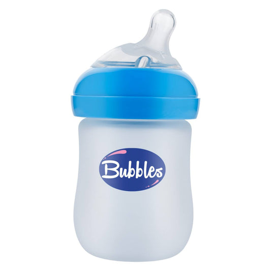 Bubbles Glass Baby Feeding Bottle 150ml with Tilted Silicone Nipple, Anti-Colic Design, BPA-Free, Easy Grip, Safe Glass Bottle for Newborns and Infants (Blue)