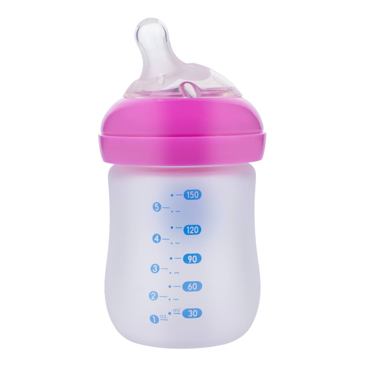 Bubbles Glass Baby Feeding Bottle 150ml with Tilted Silicone Nipple, Anti-Colic Design, BPA-Free, Easy Grip, Safe Glass Bottle for Newborns and Infants (Pink)