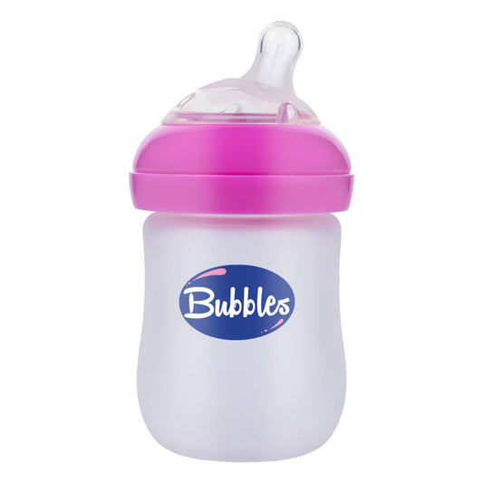Bubbles Glass Baby Feeding Bottle 150ml with Tilted Silicone Nipple, Anti-Colic Design, BPA-Free, Easy Grip, Safe Glass Bottle for Newborns and Infants (Pink)